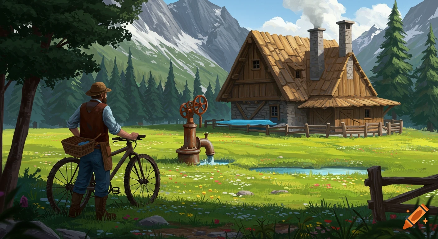 A farmer with a bike looking at a cabin, pump, and mountains.