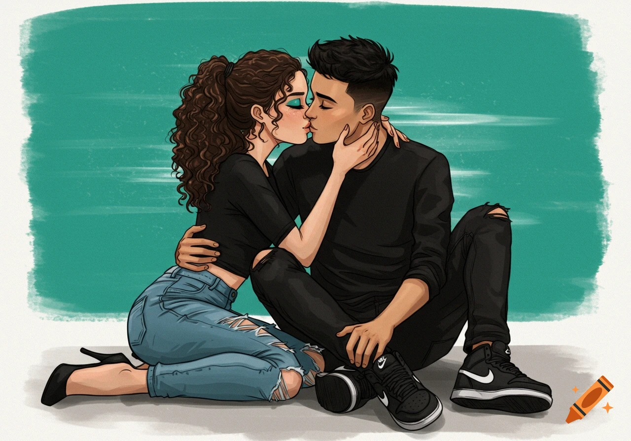 A young couple kissing while sitting down.