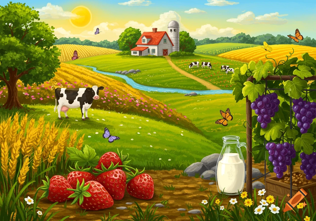 A bright, sunny farm landscape showing fields, a house, cows, butterflies, strawberries, grapes, and a jug of milk.