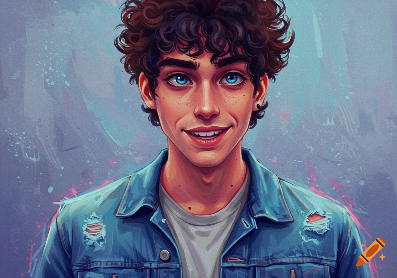 A young person with curly brown hair, blue eyes, and freckles, wearing a ripped denim jacket.