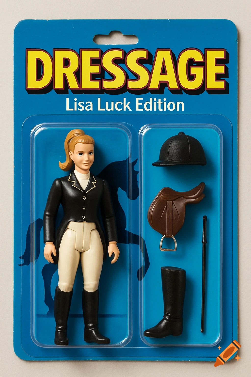 A 90s-style dressage action figure and accessories in clear plastic packaging.