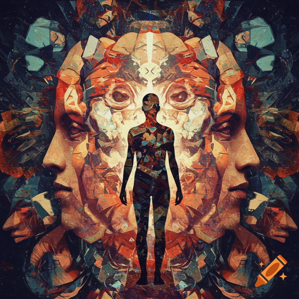 Abstract digital art representing schizophrenia with a silhouetted figure and fragmented faces.