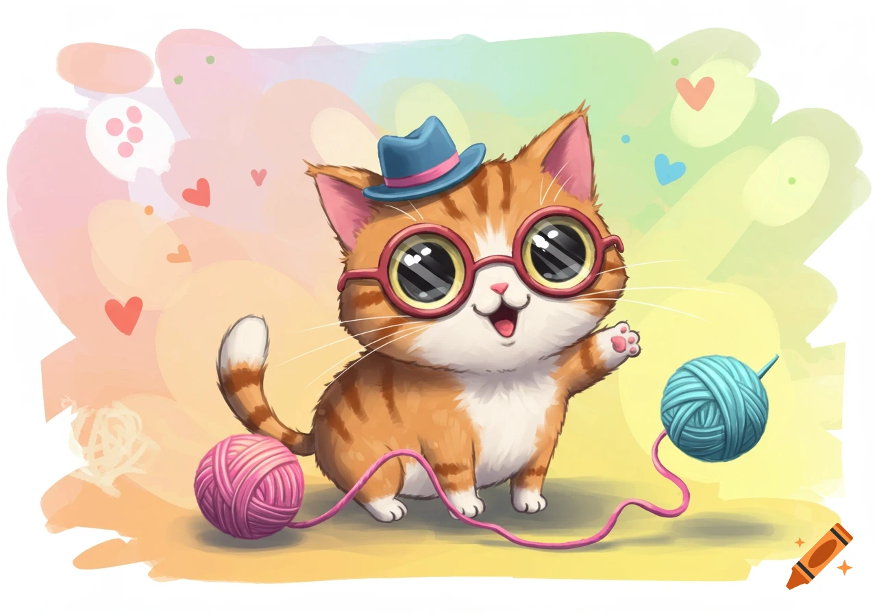 A cartoon cat wearing a hat and glasses plays with pink and blue yarn balls.