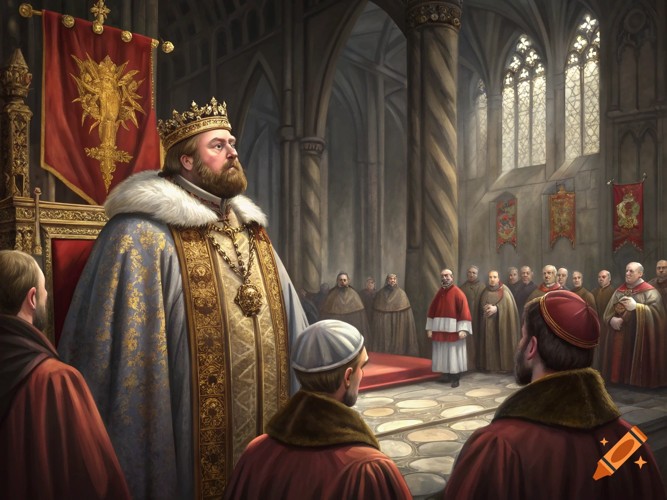 A richly dressed king stands in a grand hall, surrounded by a crowd of people.