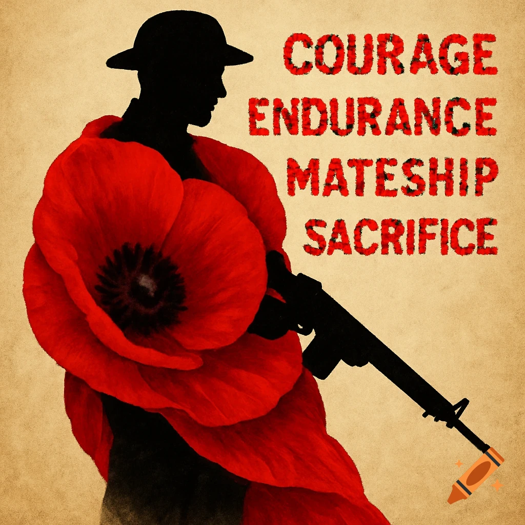 poster of a soldier silhouette holding a rifle wrapped in a red poppy, with text COURAGE, ENDURANCE, MATESHIP, SACRIFICE.