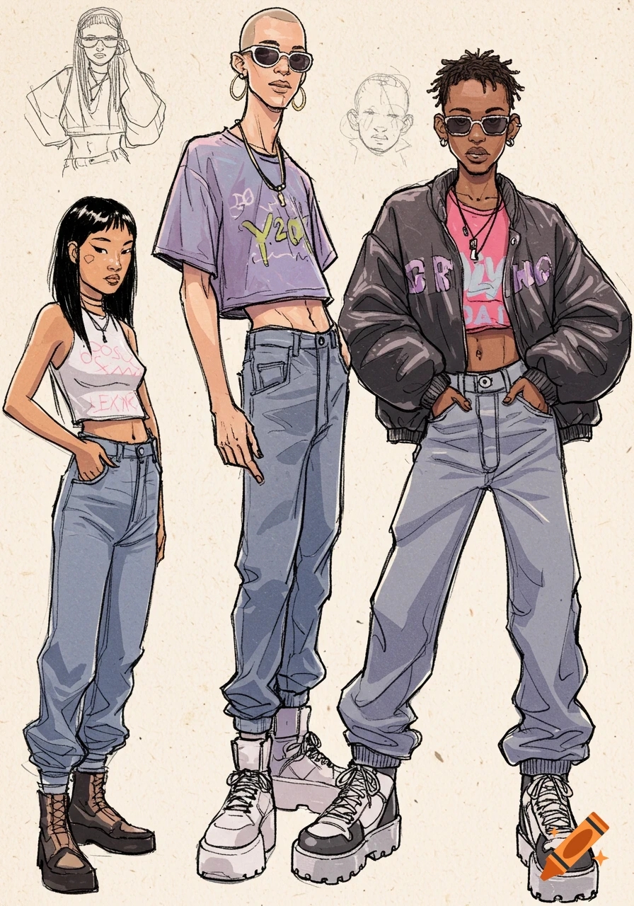 Sketch illustration of three people wearing Y2K style fashion outfits.