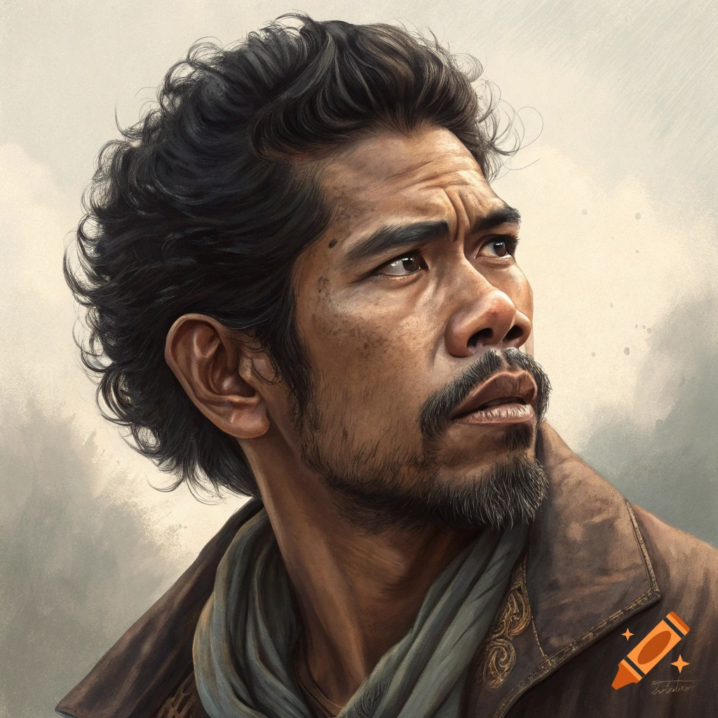 Artistic portrait of a man with dark curly hair and beard, wearing a brown jacket and grey scarf, looking upwards.