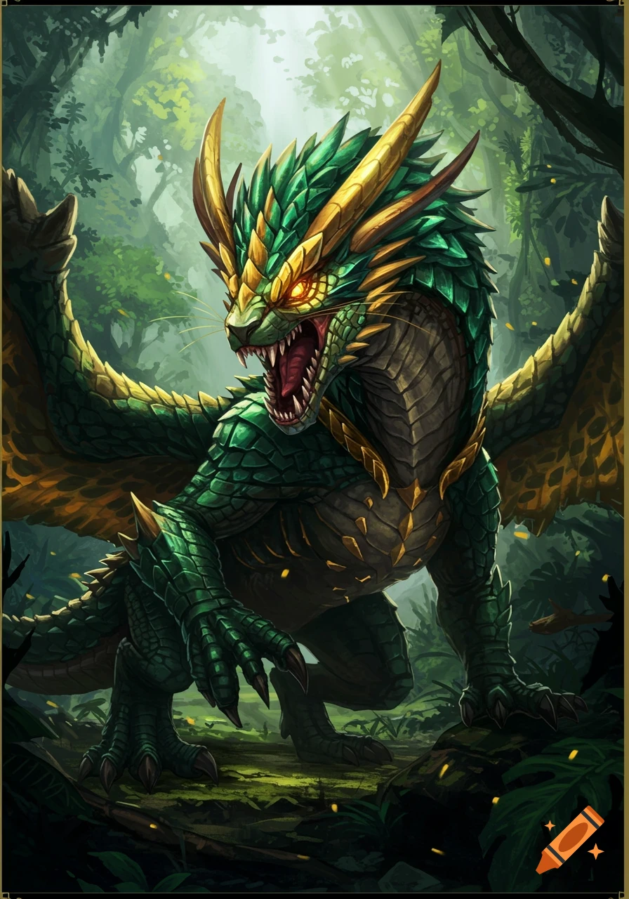 A green and gold dragon in a jungle.