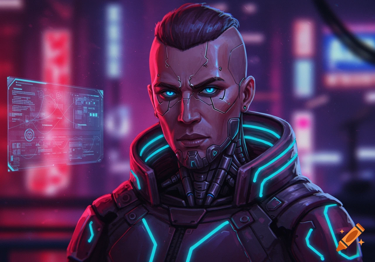A cyberpunk man with glowing blue eyes and cybernetic implants.