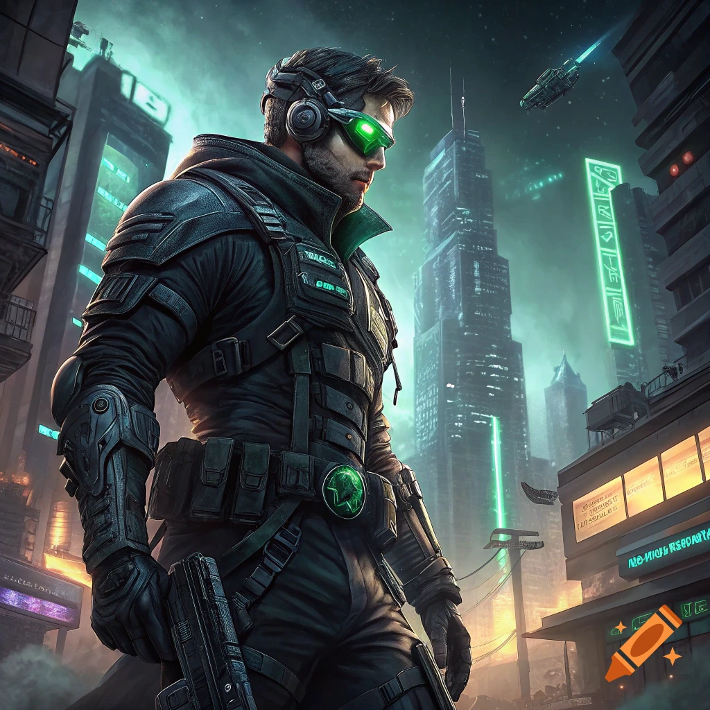 A futuristic soldier in dark armor and green goggles stands in a rainy cyberpunk city.