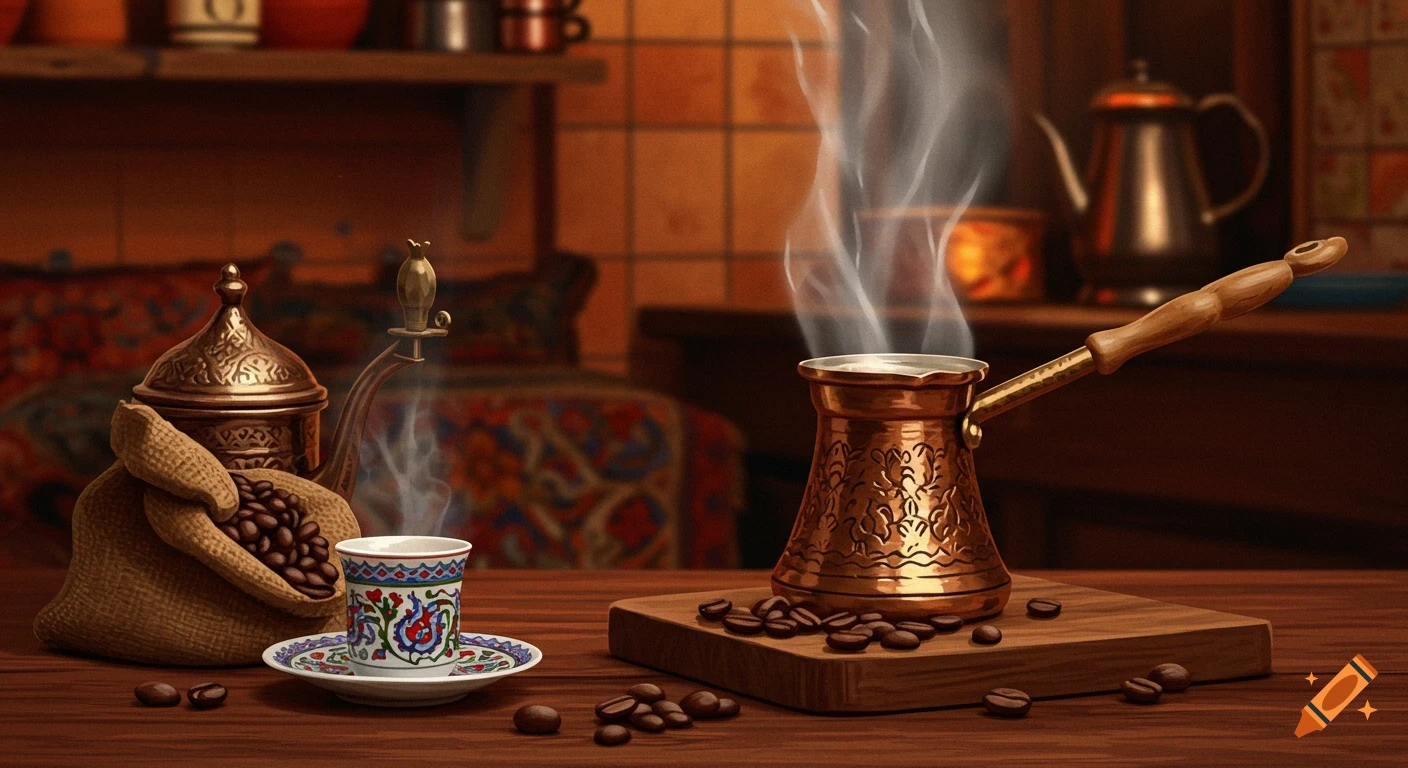 Turkish coffee brewing in a cezve with steam, a cup, and coffee beans.