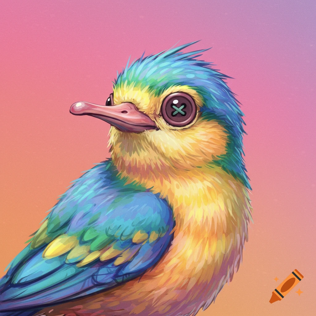 A colorful digital illustration of a stylized bird with button eyes against a gradient background.
