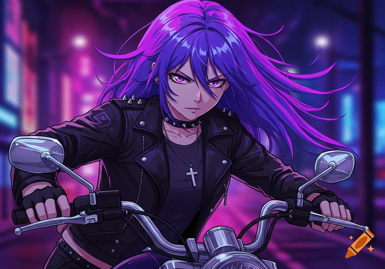 Anime girl with purple hair and eyes riding a motorcycle at night