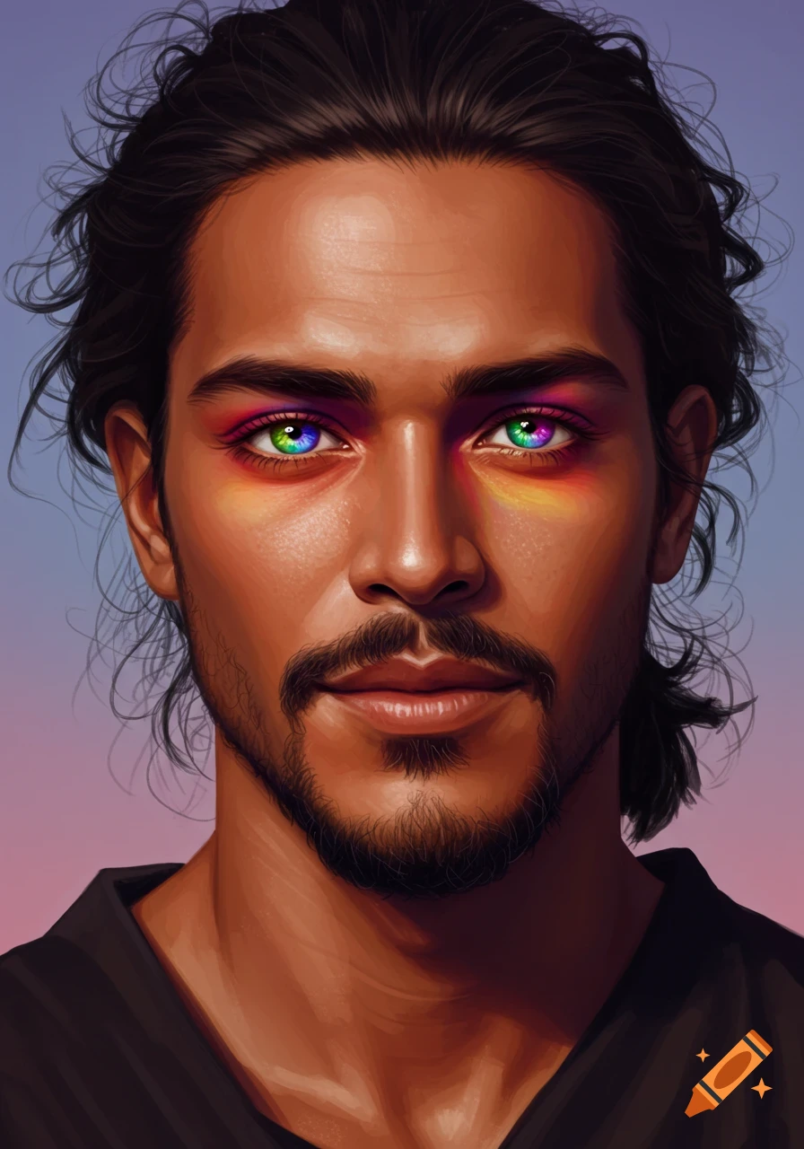 A man with vibrant rainbow eyes.