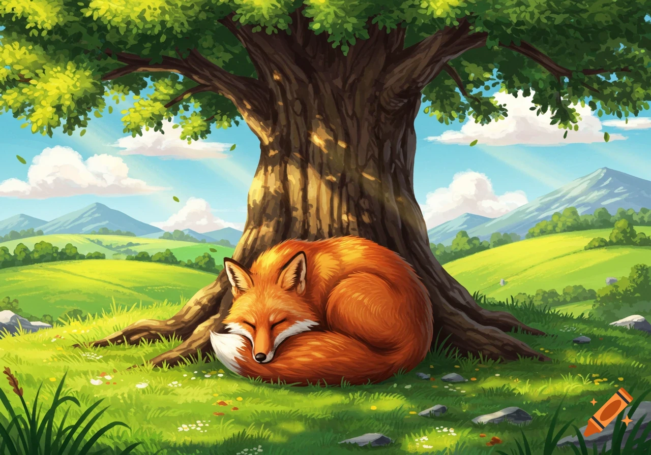 An orange fox curled up sleeping under a large tree in a grassy field with mountains in the background.