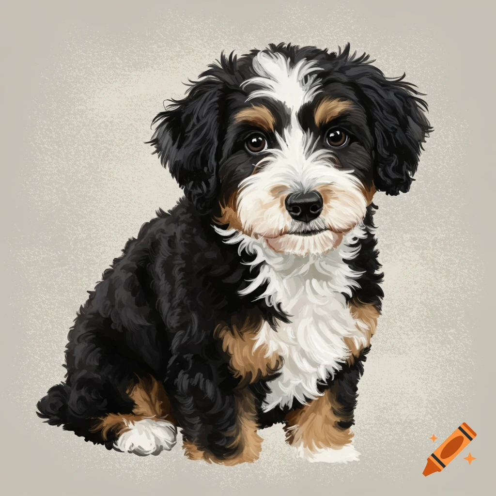 A fluffy tuxedo colored Aussiedoodle puppy is sitting.