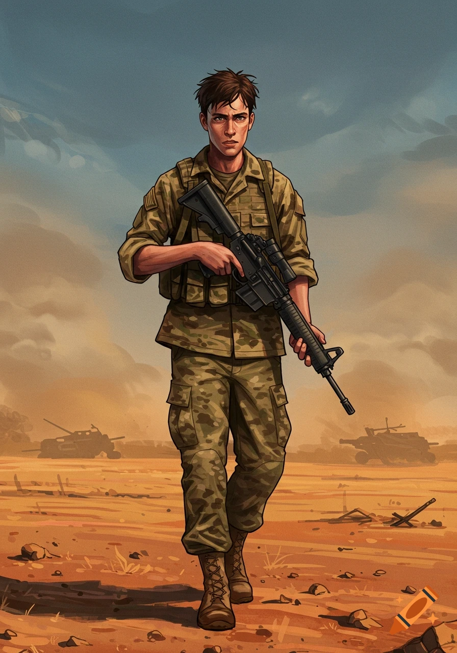 A soldier in camouflage walking through a desert landscape with tanks.