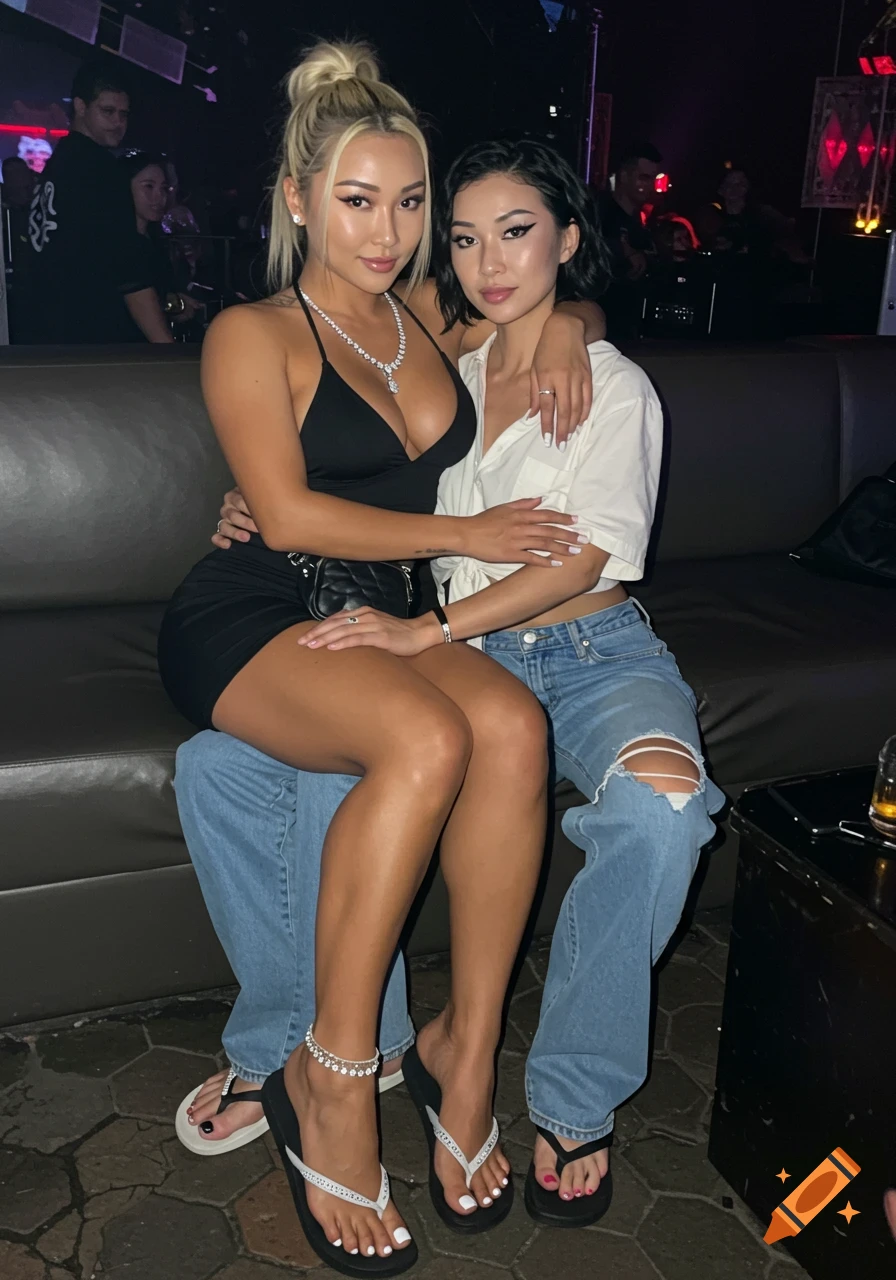 Two women pose on a couch in a nightclub.