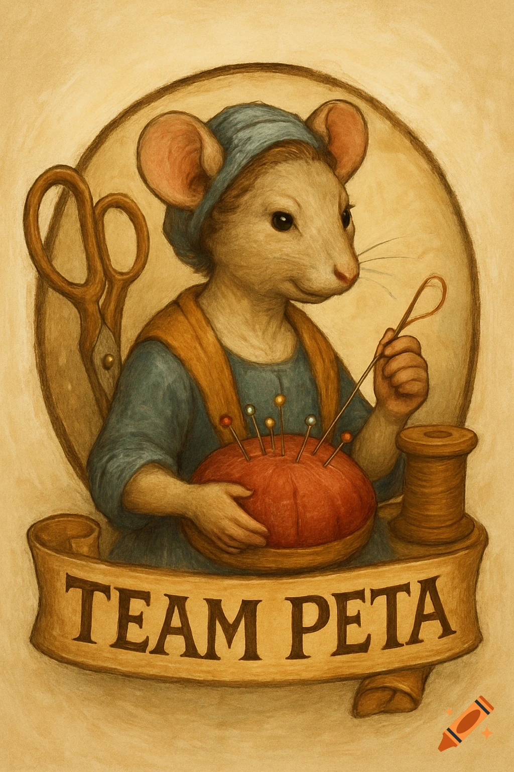 Illustration of an anthropomorphic mouse sewing on a badge with the text Team Peta