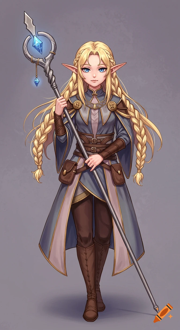 A blonde elven female in blue and grey robes holding a staff.