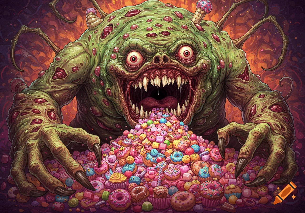 A grotesque green monster with many eyes and teeth devours a large pile of colorful candy.