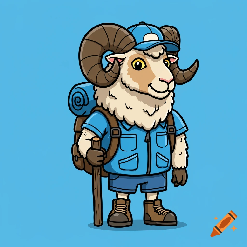 Cartoon ram wearing blue hiking gear, backpack, and cap, holding a walking stick.