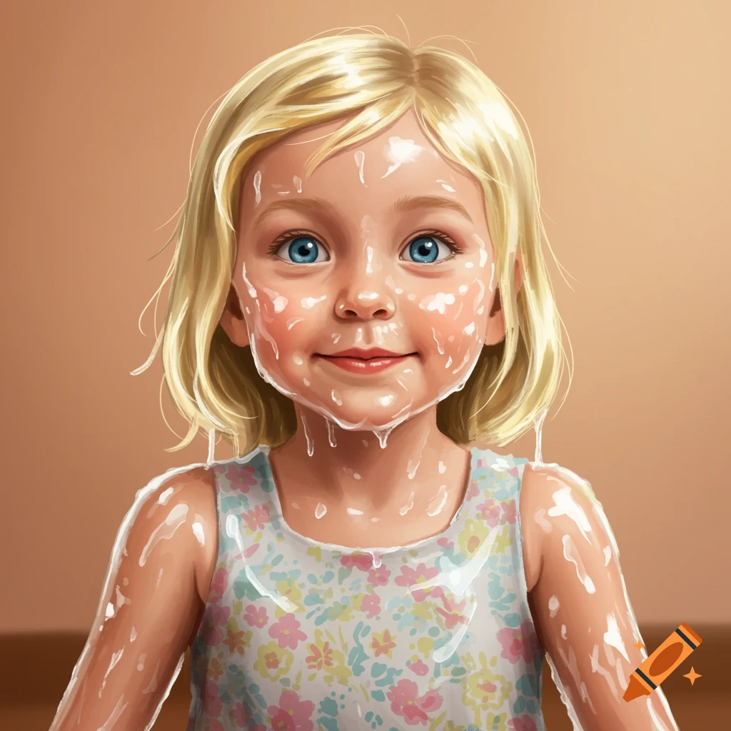 A young blonde girl is covered in a clear, sticky substance, smiling in a floral dress.