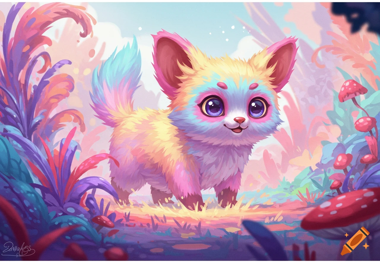 Cute colorful fantasy animal in a whimsical forest
