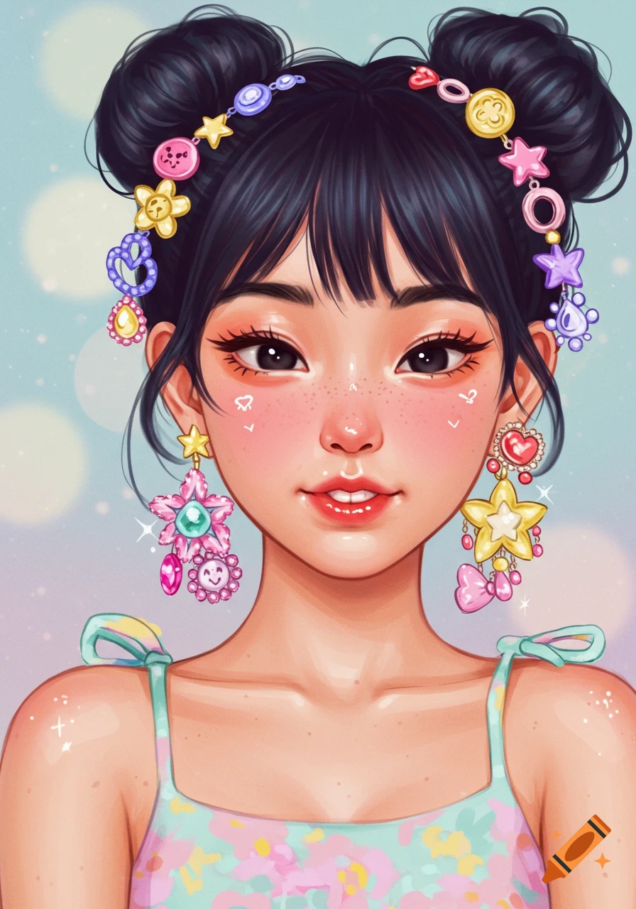 Portrait of a young woman with hair buns and large, colorful earrings.