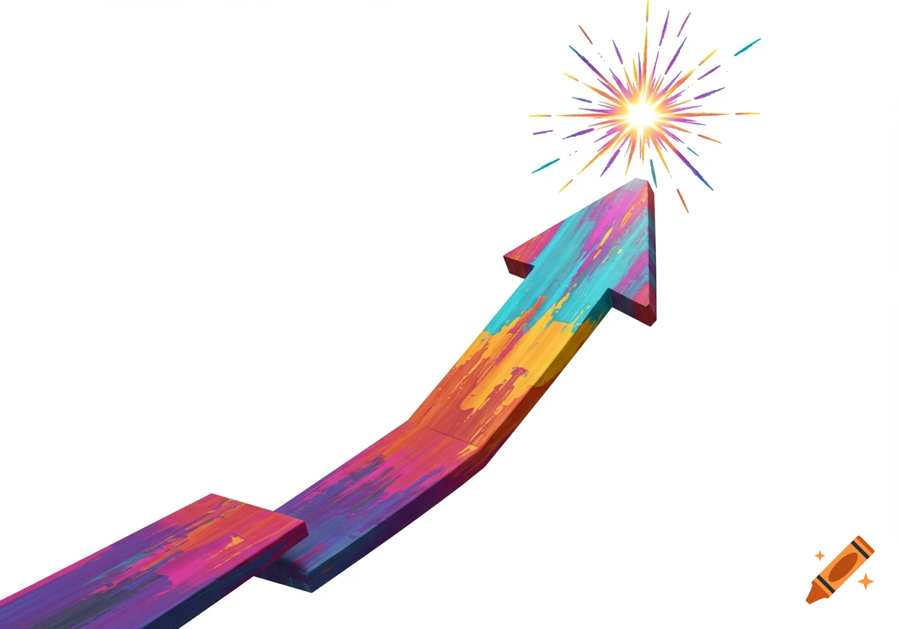 Colorful arrow pointing up towards a starburst effect, vector graphic.