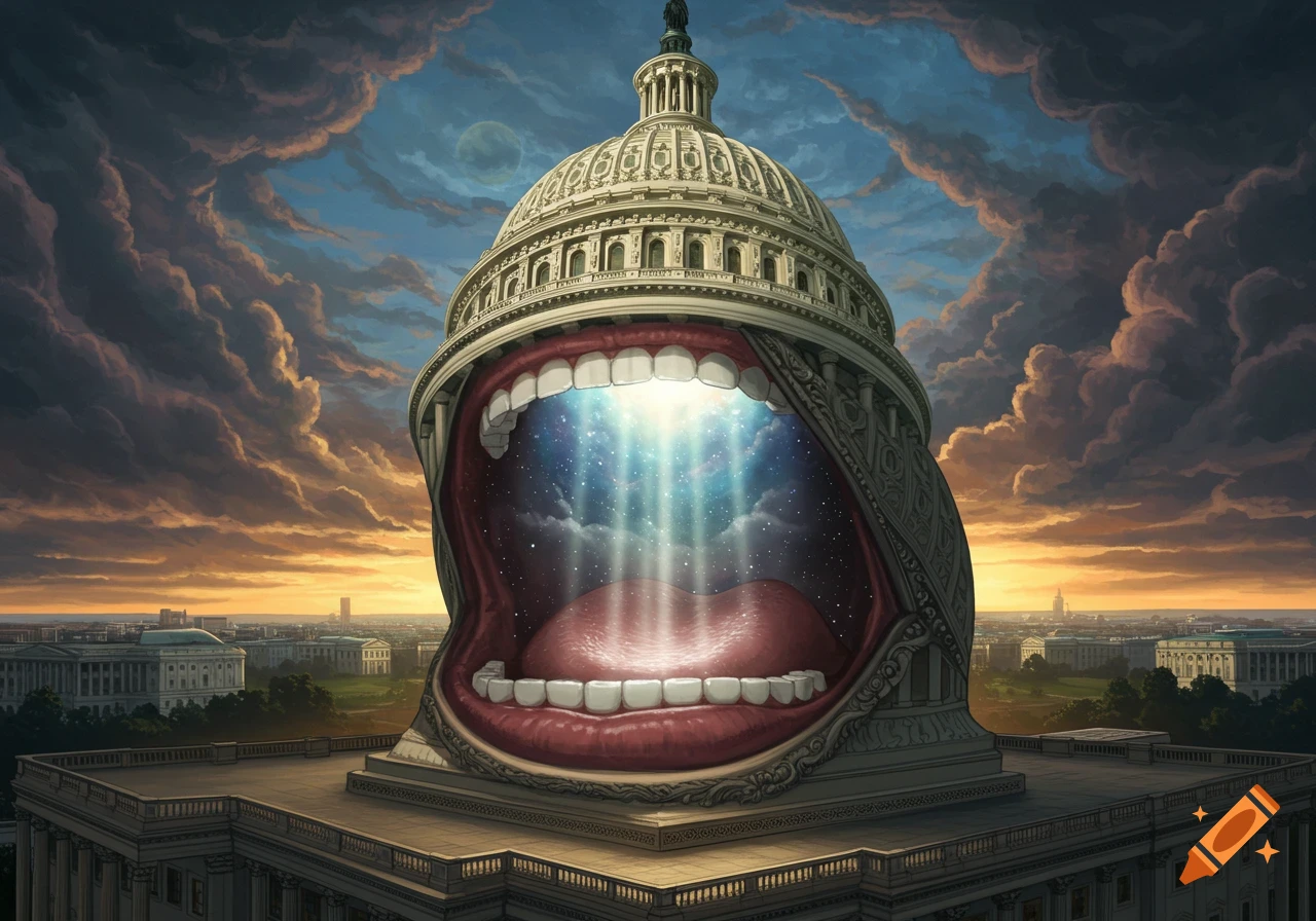 Surreal depiction of the US Capitol dome transforming into a mouth revealing a starry sky and light beams, over a city skyline at sunset.