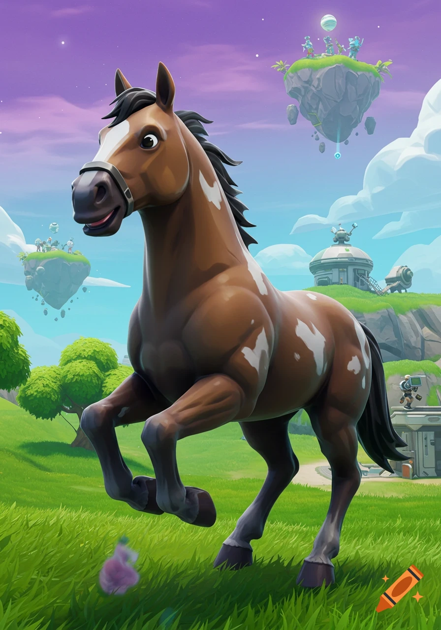 Cartoonish brown and white horse galloping in a Fortnite-style landscape with floating islands.