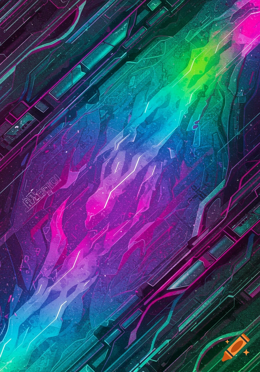 Abstract composition with diagonal shapes in purple, blue, and green on a dark background.