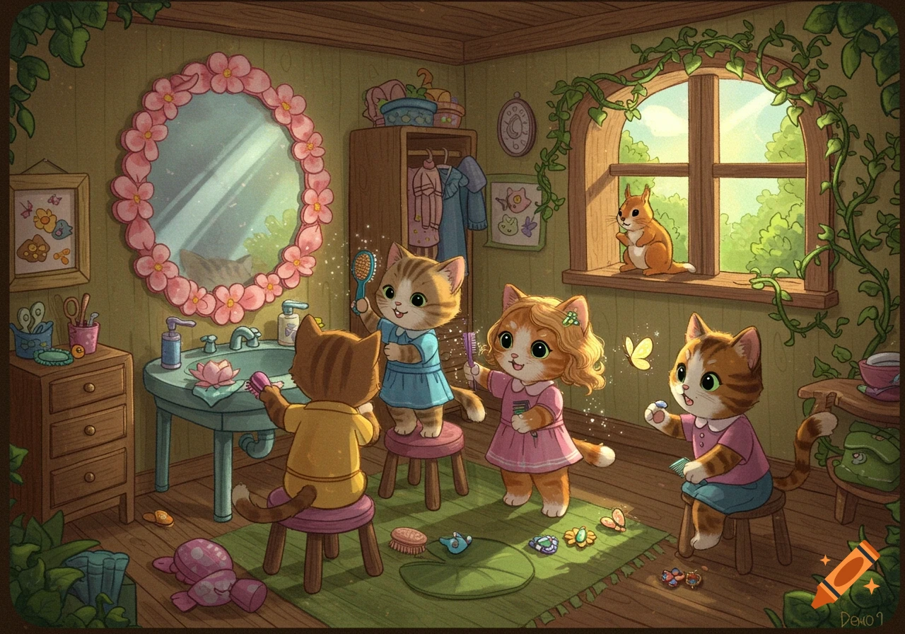 Anthropomorphic kittens dress up in a whimsical room with a flower mirror, lily pad sink, and squirrel watching from the window.