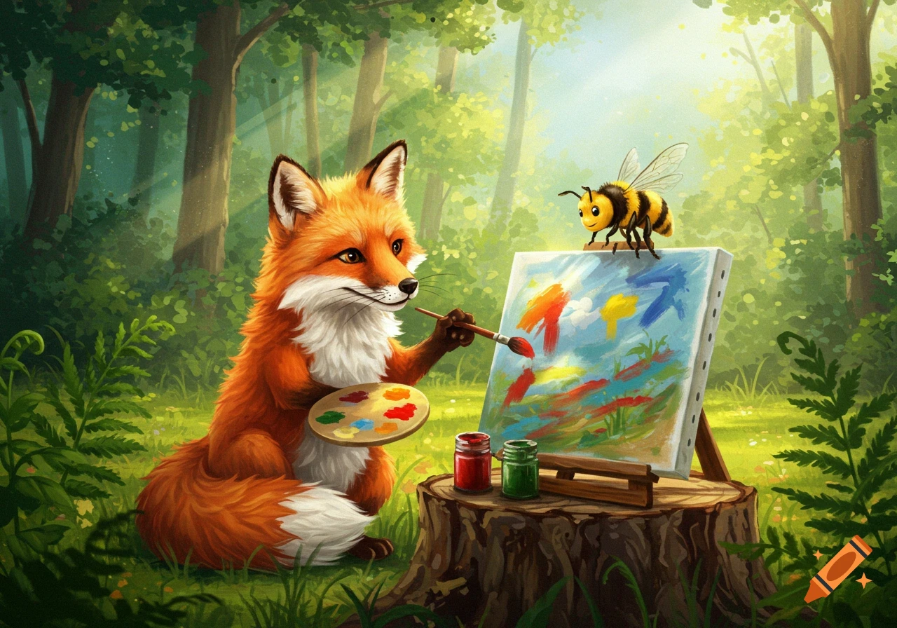 Cute illustration of a fox and a bee painting together in a forest.