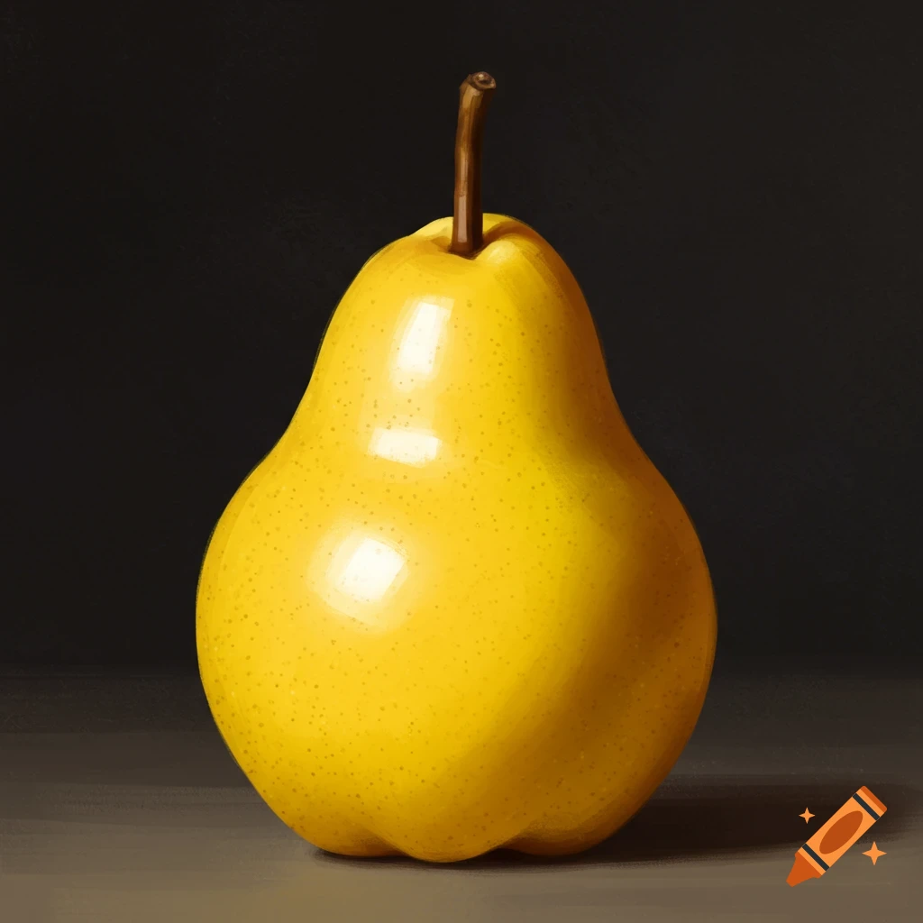 A yellow pear sits on a table against a dark background.