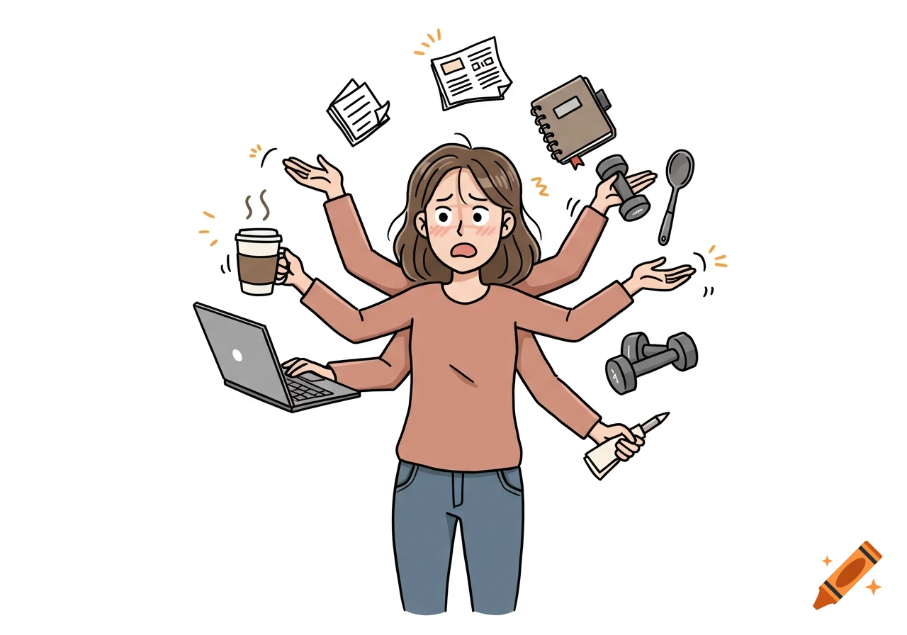 Cartoon illustration of a woman with multiple arms juggling laptop, coffee, planner, weights, and spoon, looking overwhelmed.