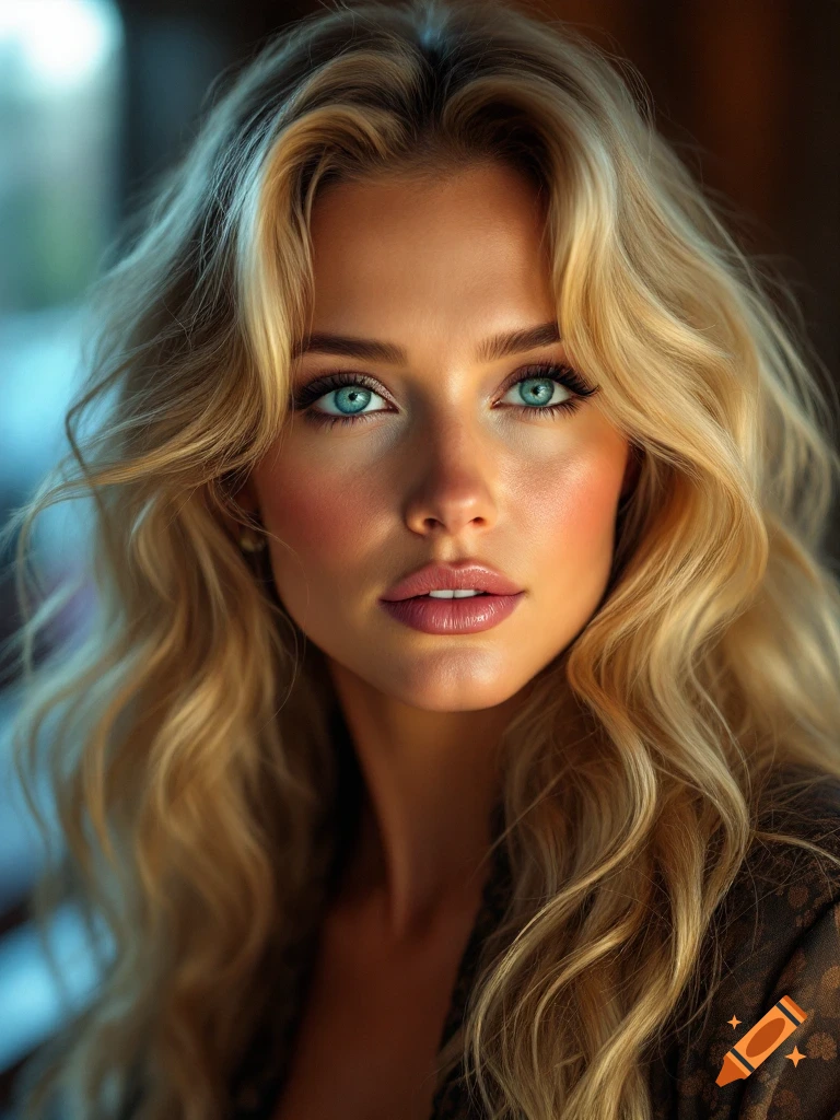 Photorealistic close-up portrait of a blonde woman with blue eyes