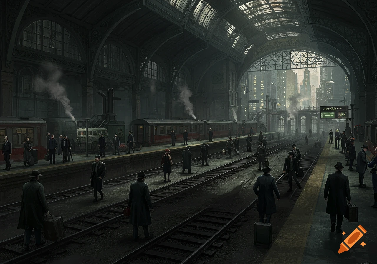 A busy train station with people and trains, looking out towards a city skyline.