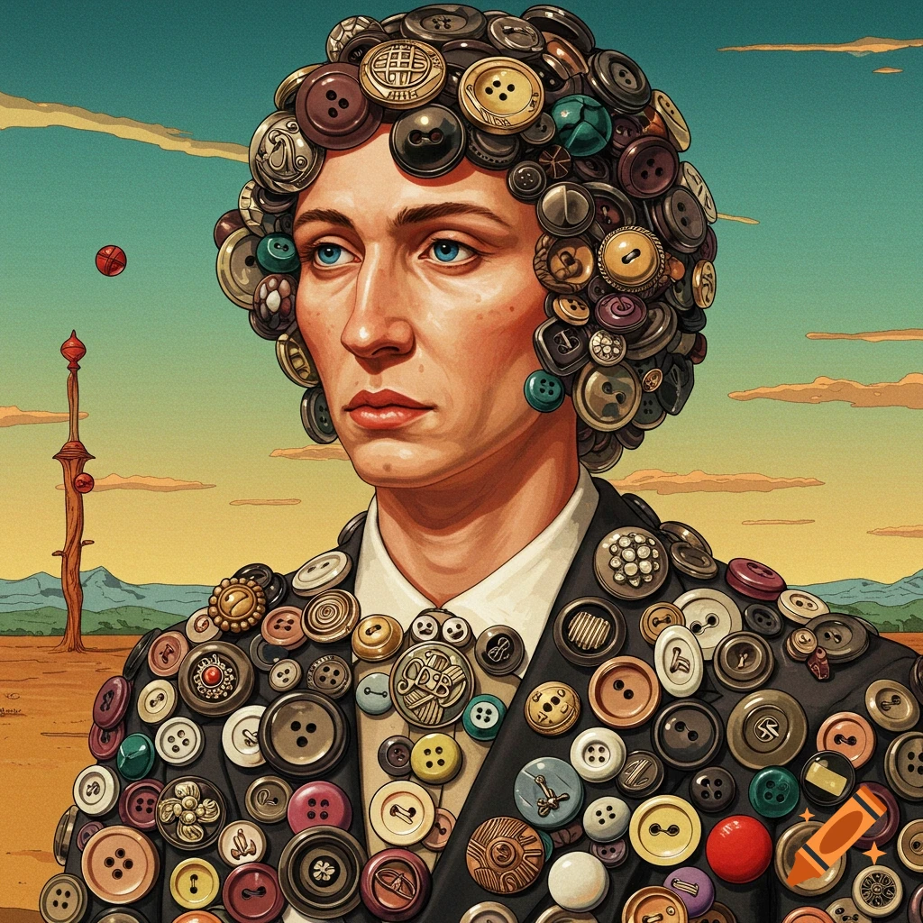 A person with hair and suit covered in many buttons standing in a surreal landscape.