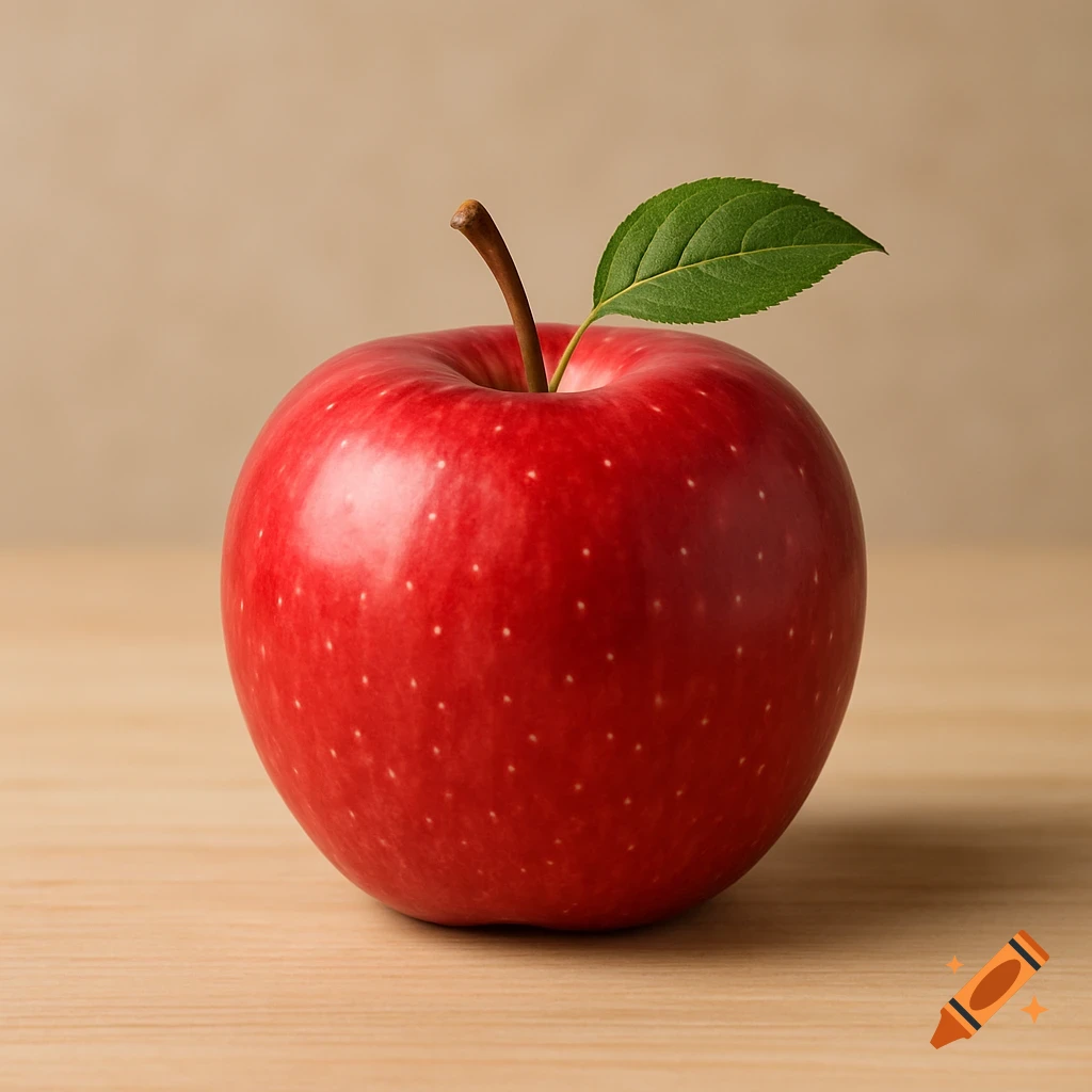 A single red apple with a green leaf and stem sits on a wooden surface.