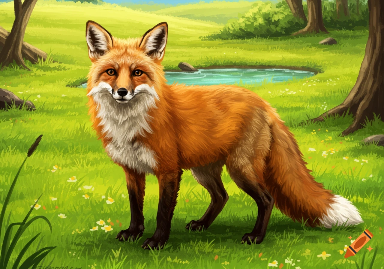 A red fox standing in a grassy meadow by a pond.