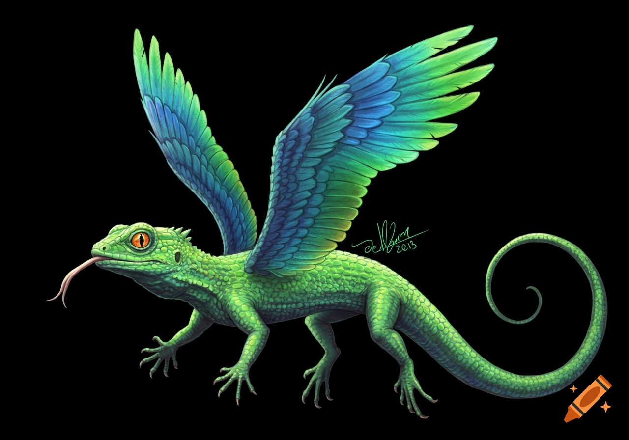 A green lizard-like creature with blue and green feathered wings on a black background.