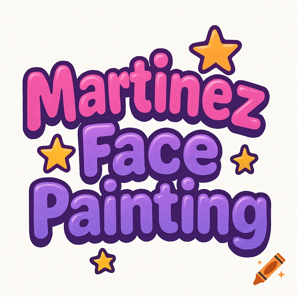 Logo with bubbly pink and purple text 'Martinez Face Painting' and yellow stars.