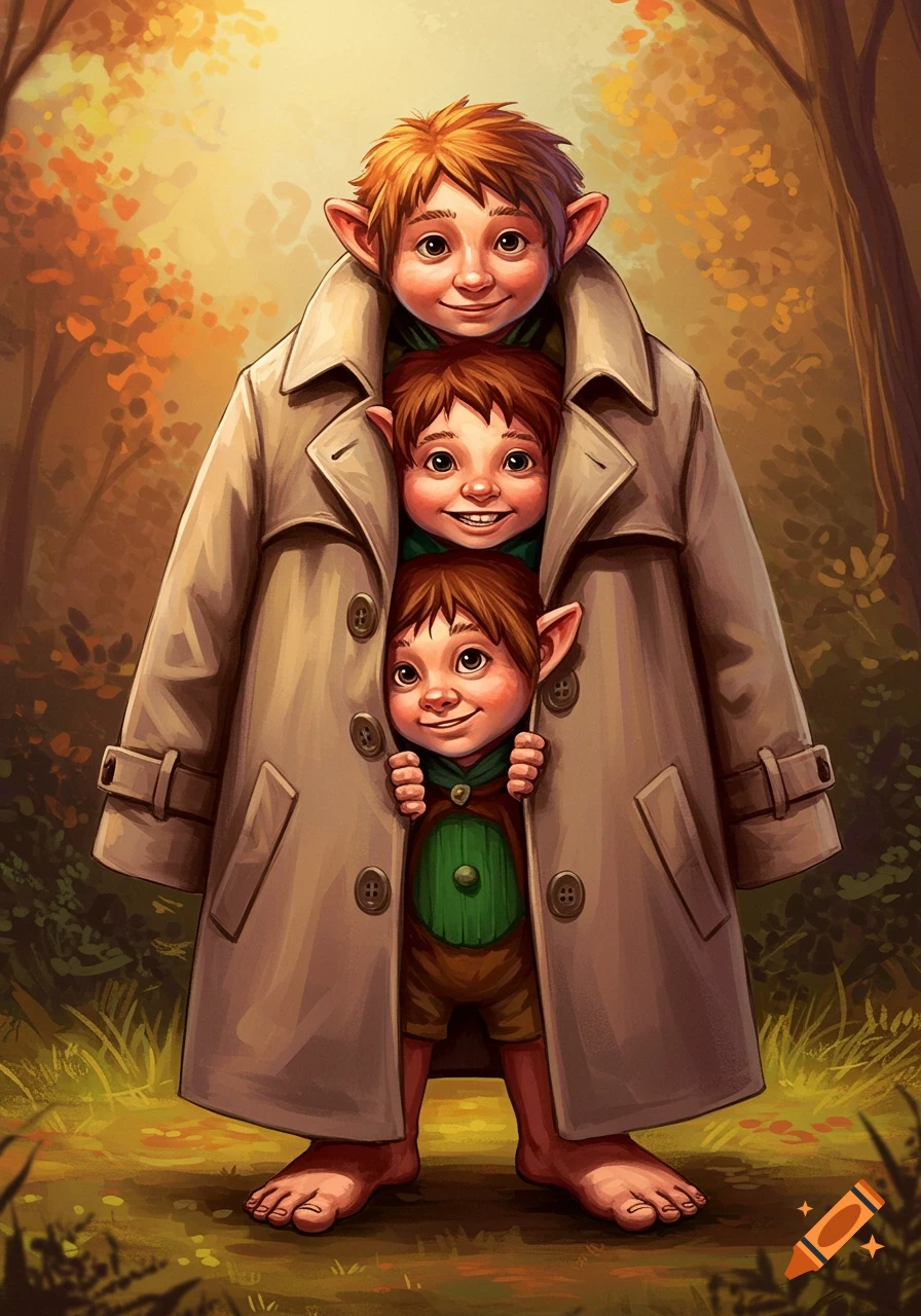 Three hobbits stacked inside a trench coat in a sunlit forest.