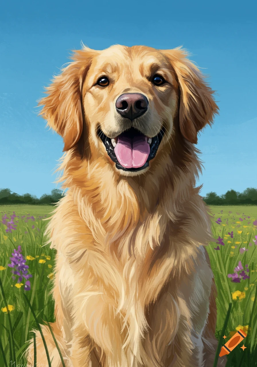 A golden retriever in a field of flowers.