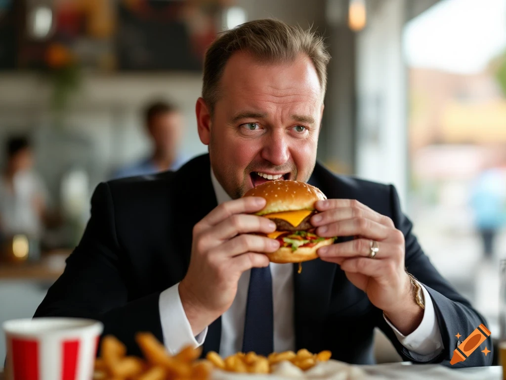 A man in a suit eats a hamburger and fries at a table in a restaurant.
