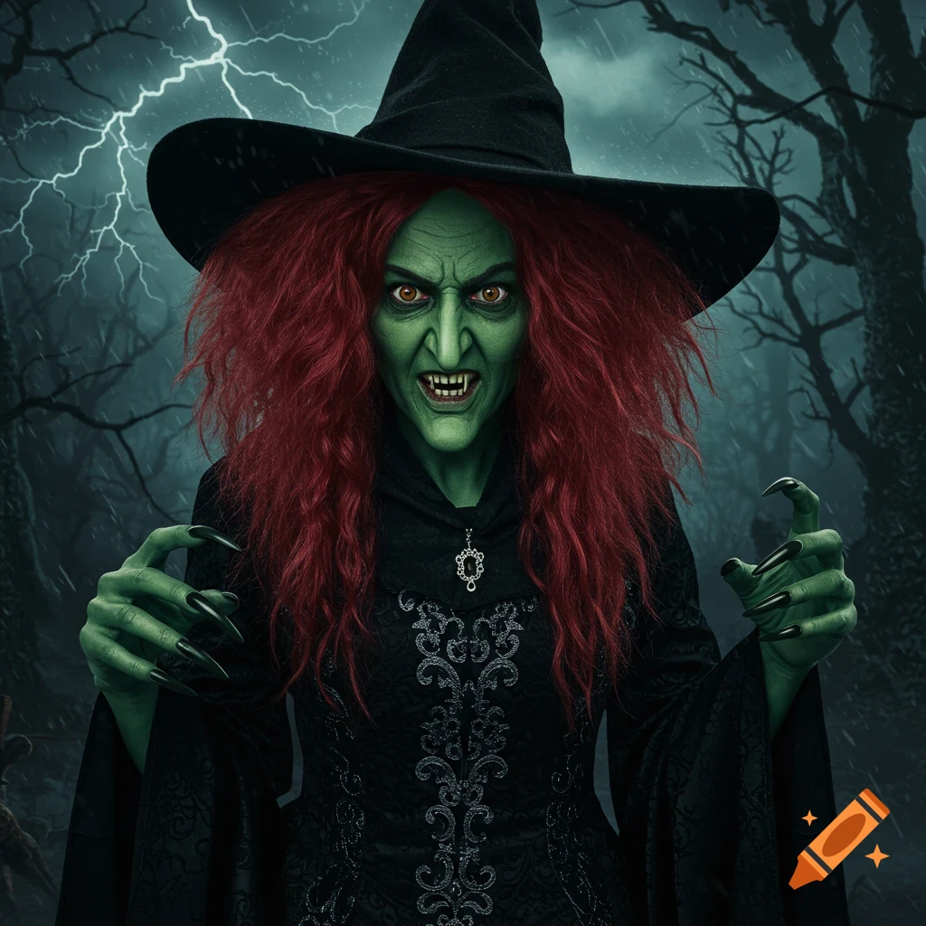 A terrifying green-skinned witch with long red hair and sharp claws, wearing a black hat and robe, stands in a stormy forest. Photorealistic.