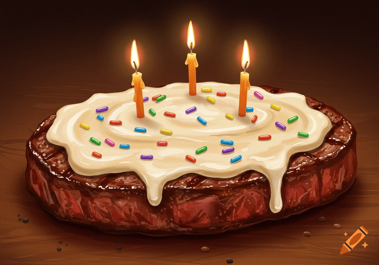 A steak is decorated like a cake with frosting, sprinkles, and three lit candles.