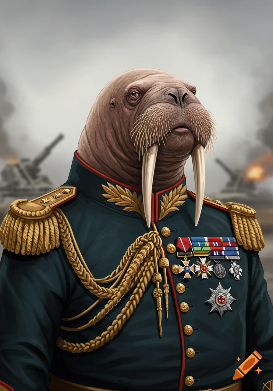 A walrus dressed as a command Sergeant Major in military uniform, standing in front of tanks.